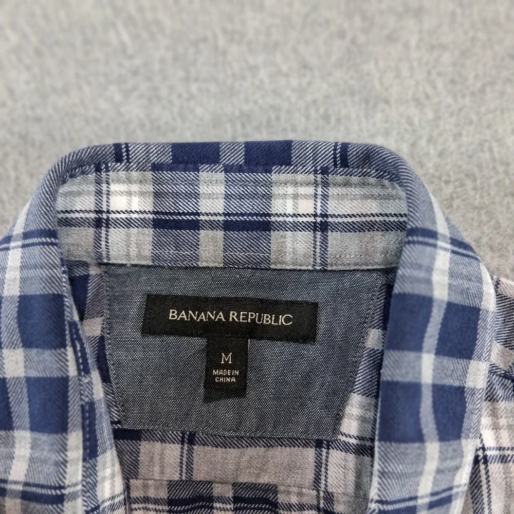 Banana Republic Flannel Shirt Mens Medium Blue Grey Plaid Long Sleeve Cotton